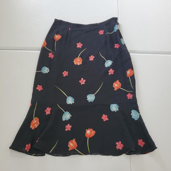 Y2K Fairy Grunge Skirt Womens 6 Black Floral Tulip Print Flounce Hem Rayon USA - Picture 1 of 9